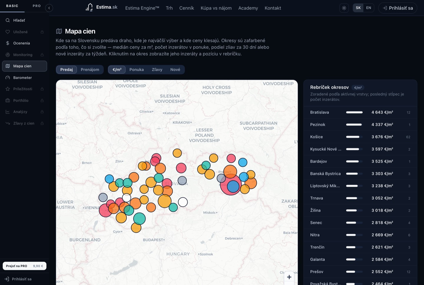 Mapa cien Estima so slovenskými okresmi