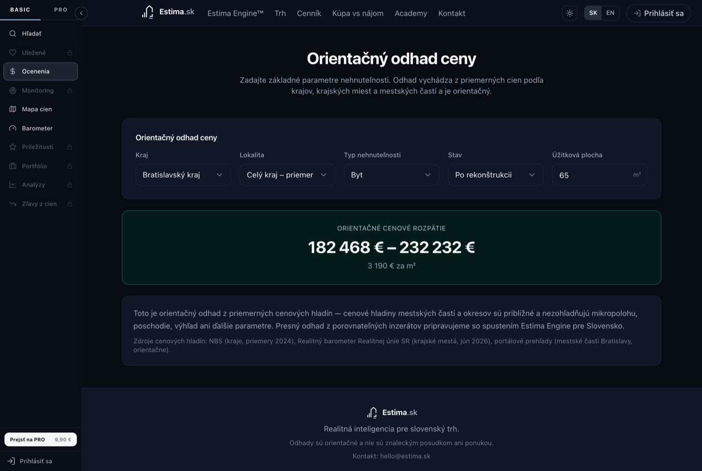 Orientačný odhad ceny v Estime s cenovým rozpätím